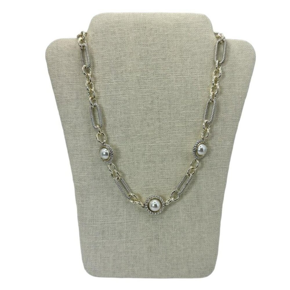 Two-tone Chain Sterling Silver Gold Freshwater Cultured Pearl Style Necklace 16"